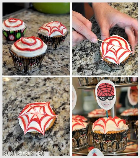 DIY Spiderweb cupcakes for boy's Spider-Man birthday party! Spiderverse Party, Diy Spiderweb, Spiderman Diy, Spiderweb Cupcakes, Bday Decoration, Spider Man Birthday Party, Spiderman Cupcakes, Spider Man Birthday, Cupcakes For Boys