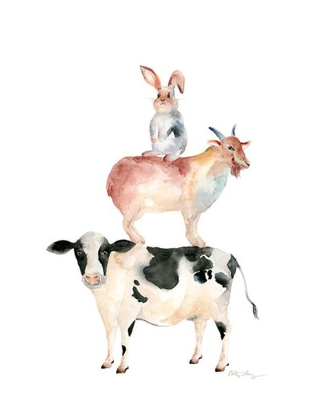 Rabbit, Goat, and Cow - Chinese Zodiac Inspired Watercolor Art Print – Easy Sunday Club Wall Art For Nursery, Owl Watercolor, A Goat, Diy Watercolor Painting, Loose Watercolor, Diy Watercolor, Floral Prints Art, Chinese Zodiac, Watercolor Art Prints