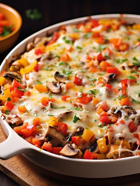 Mushroom & Pepper Smothered Baked Chicken Chicken Peppers Mushrooms Recipe, Smothered Baked Chicken, Flavorful Baked Chicken, Chicken Smothered, Sautéed Mushrooms, Chicken Parm, Colby Jack Cheese, Beef Soup, Sauteed Vegetables