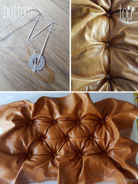 Tips for diamond tufting and upholstering a leather storage ottoman {Sawdust and Embryos Leather Reupholstery Diy, Reupholster Leather Chair, Diy Leather Ottoman, Storage Ottoman Diy, Ottoman Diy, Tufted Leather Ottoman, Diy Storage Ottoman, Factory Photography, Ottoman Leather