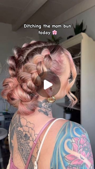 Pig Tail Braids Short Hair, Half Up Half Down Wedding Hair Edgy, Space Buns Halloween Costume, Crazy Bun Hairstyles, Bun Hair Extensions, Pop Concert Hairstyles, Braids With Messy Buns, Low Braided Space Buns, Dutch Braids To Bun