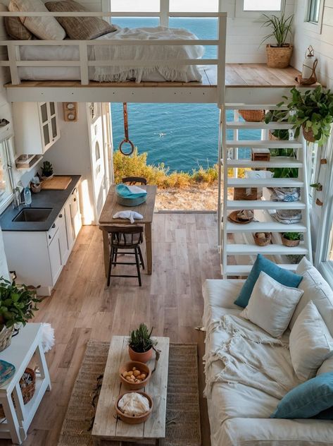 Coastal Tiny House, Backyard Bungalow, Beach Loft, Beach Tiny House, Tiny Beach House, Home Makeovers, Tiny House Luxury, Loft Interior, Tiny House Loft