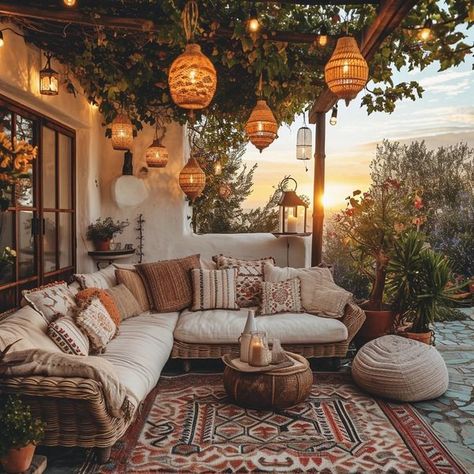 Boho Sitting Area, Plants And Lights, Garden Decorations Ideas, Home Decorations Ideas, Small Porch Ideas, Balcony Ideas Apartment Outdoor, Hippie Lifestyle, Backyard Garden Design, Balcony Design