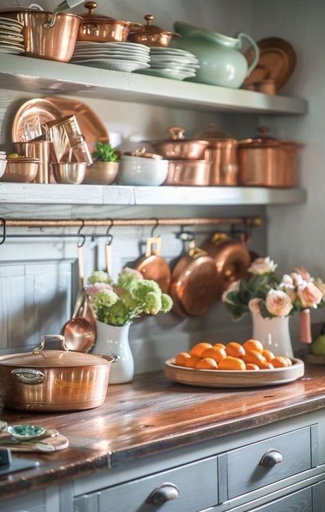 French Copper Pots, White Kitchen With Copper Accents, Copper Tea Kettle Decor Ideas, Copper Pans In Kitchen, Kitchen Copper Accents, Copper Accents Kitchen, Copper Interior Design, Modern Copper Kitchen, Copper Decor Accents