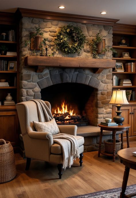 Rustic Living Room Rustic Electric Fireplace Ideas With Tv, Cozy Stone Fireplace, Rustic Gas Fireplace Ideas, Bench By Fireplace, Seating In Front Of Fireplace, Inglenook Fireplace Ideas, Rustic Fireplaces Farmhouse Style, Tall Brick Fireplace, Chairs In Front Of Fireplace