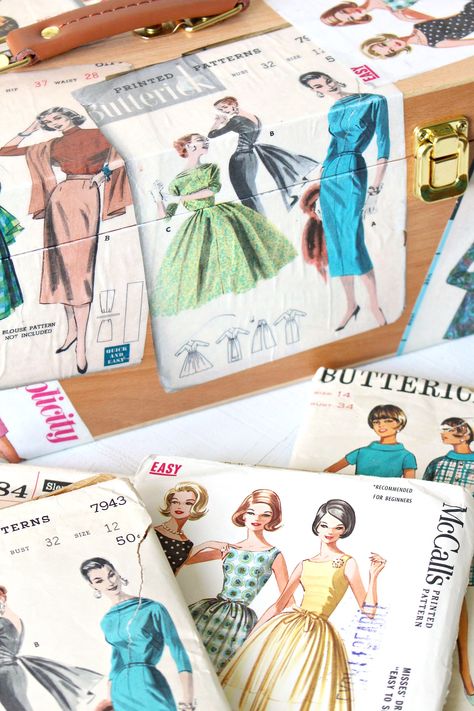 Modern Decoupage Project Ideas Vintage Sewing Pattern Crafts, Sewing Box Ideas, Modern Decoupage, Old Sewing Patterns, Sewing Pattern Pieces, Upcycled Sewing, Kimono Sewing Pattern, Thrift Store Upcycle, Selling Crafts