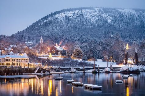 Camden,Maine,USA is one of the most beautiful   small town in the world. Winter Harbor Maine, Maine Winter, New England Usa, Fresh Snowfall, Maine Photography, Camden Maine, Christmas Getaways, Maine Living, Harbor Town