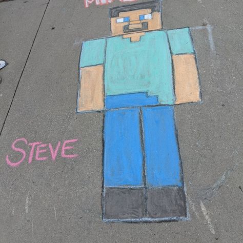 Fairlane chalk Minecraft Chalk Art, Chalk Characters, Street Chalk Art, Chalk Activities, Fun Chalk Art, Chalk Ideas, Minecraft Steve, Sidewalk Chalk Art, Minecraft Birthday Party