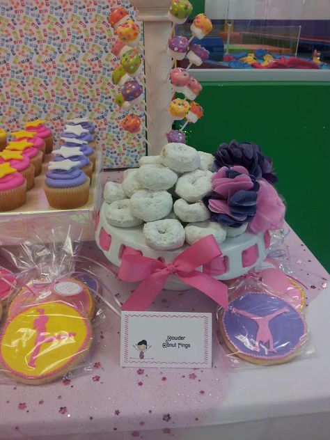 Sadie's Gymnastics Party | CatchMyParty.com Gymnastic Party Food, Gymnastics Party Food, Gymnastics Birthday Party Ideas, Gymnastics Theme Party, Gymnastics Theme Birthday Party, Birthday Gymnastics, Gymnastics Cakes, Gymnastics Birthday Party, Gymnast Birthday Party