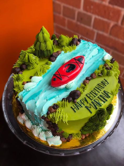 Kayak Cake Ideas, Hiking Cake Ideas, Outdoors Birthday Cake, Canoe Cake, 10th Birthday Cakes For Boys, River Cake, Kayak Cake, Hiking Cake, 21st Birthday Cake For Guys