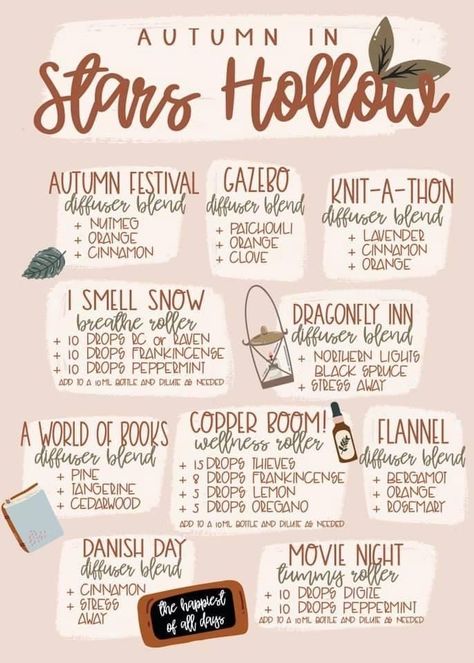 Fall essential oil diffuser blends themed after Gilmore Girls! Autumn Diffuser Blends, Scent Recipes, Crunchy Life, Essential Oils Young Living, Eo Blends, Fall Essential Oils, Fall Diffuser Blends, Essential Oil Combinations, Essential Oil Diffuser Blends Recipes