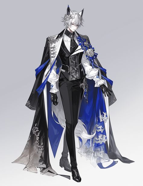 Hanbok Character Design Male, Male Magical Outfits, Genderless Character Design, Fantasy Suits Male Art, Coat Over Shoulders Drawing Reference, Male White Outfit, Male Fantasy Clothing Design Art, Blue Outfit Male, Anime Clothes Male