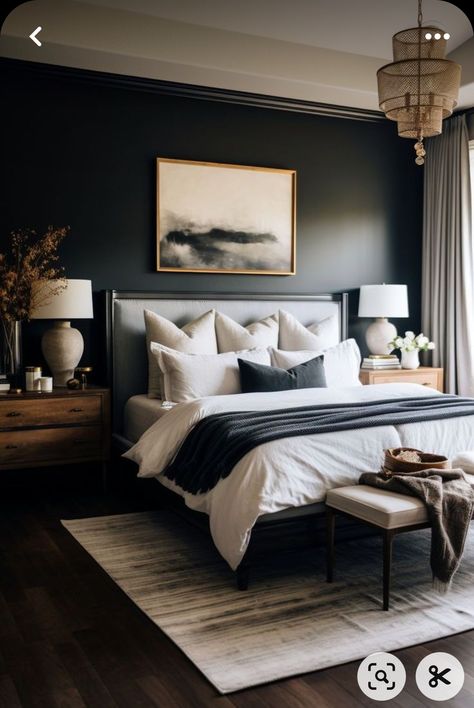 Luxury Bedroom Master Dark Blue, Bedroom Decor With Dark Floors, Dark Walls Bedroom Master Bed, Black In Bedroom, Dark Blue Guest Bedroom, Eclectic Dark Bedroom, Charcoal And White Bedroom, Moody Gray Bedroom, Dark And Moody Bedroom Ideas