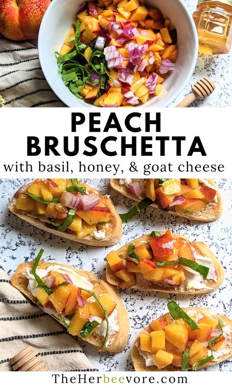 Peach Bruschetta With Goat Cheese, Bruschetta With Goat Cheese, Peach And Goat Cheese, Peach Bruschetta, Peach Appetizer, Recept Sandwiches, Goat Cheese Bruschetta, Goat Cheese And Honey, Cheese Bruschetta