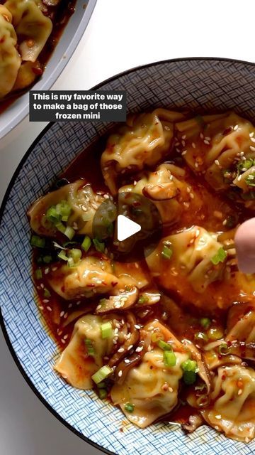 Lindsay Ostrom on Instagram: "Rainy day chicken wontons - I can eat practically half the pan in one sitting 🤡 and I have been known to eat the spicy, chewy leftovers cold out of the fridge. It’s somewhere between a wonton-loaded soup and a pile of steamy wontons in dipping sauce. And it’s delightful. Shiitake mushrooms, mini chicken wontons, and a spicy, rich brothy-type sauce laced with sesame and chili crisp. Also works beautifully with a handful or spinach or bok choy in there! It’s SOS season, baby! - Frozen mini chicken wontons (I like the ones from Costco, Trader Joe’s, and/r the Bibigo brand) - Shiitake mushrooms - Chicken broth - Teriyaki sauce - Sesame oil - Chili crisp For a full written recipe, google “pinch of yum chicken wontons” And if you’re not in SOS mode and want to Chicken Wontons, Chili Crisp, Wonton Recipes, Shiitake Mushrooms, Wontons, Spicy Chili, Asian Dishes, Sesame Oil, Dumplings