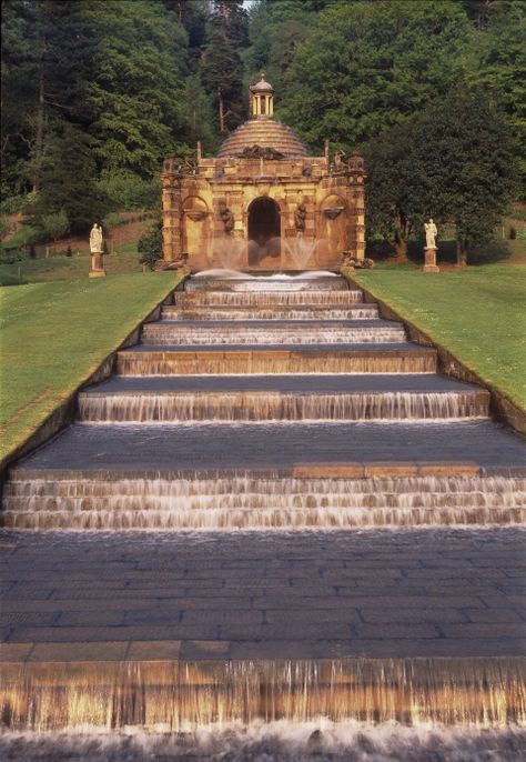 The Cascade and Cascade House, Chatsworth.  Building  of the Cascade House was carried out by Samuel Watson and Henri Nadauld a French Huguenot refugee Cascade House, Uk Houses, Duke Of Devonshire, English Houses, English Summer, Chatsworth House, Sensory Garden, House Gardens, England And Scotland