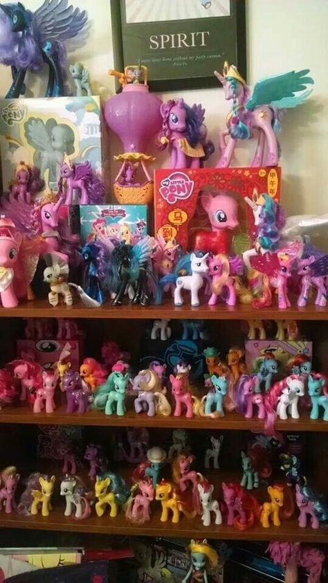 MLP collection...note the MIB large Derpy Hooves from SDCC! Mlp Bedroom, Mlp Room, Nom Noms Toys, Toy Nostalgia, Mlp Collection, Mlp Toys, Mlp Merch, My Little Pony Collection, Little Pony Cake