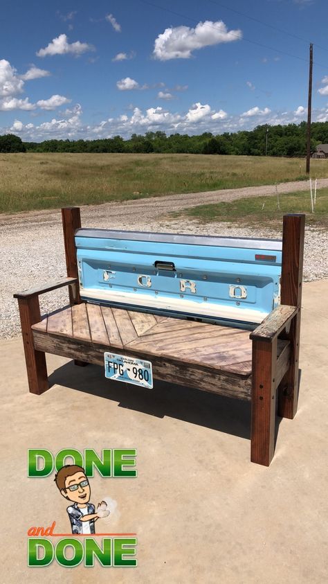 Ford Bench, Ag Mech Projects Welding, Truck Tailgate Ideas Decor, Ag Mechanics Projects Ideas, Tailgate Bench Diy, Tailgate Bench Diy Plans, Tailgate Benches, How To Make A Tailgate Bench, Truck Tailgate Headboard