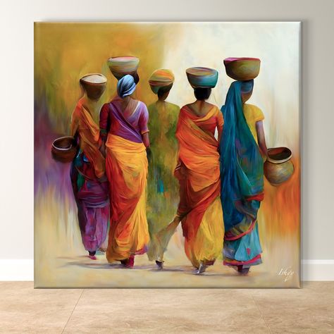 Indian Women Painting, Large Wall Art - Framed Canvas, Cultural Decor, Vibrant Traditional Poster, Ethnic Heritage Home Gift Idea by IshqyBusiness on Etsy Traditional Poster, Indian Wall Art, Indian Women Painting, South Asian Art, Afrikaanse Kunst, Women Painting, Indian Painting, Indian Home, Indian Home Decor