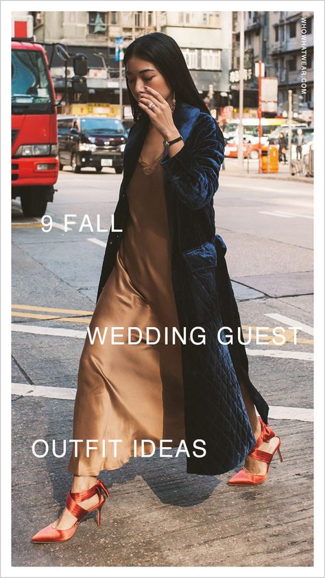 Cool Wedding Outfits Guest, Fall Occasion Outfit, New York Fall Wedding Guest Outfit, Vinyard Wedding Guest Attire Fall, Casual Cocktail Wedding Attire, Fall Wedding Guest Dress With Coat, Fall Wedding Guest Dress And Jacket, Slip Dress Wedding Guest Fall, Outerwear With Formal Dress