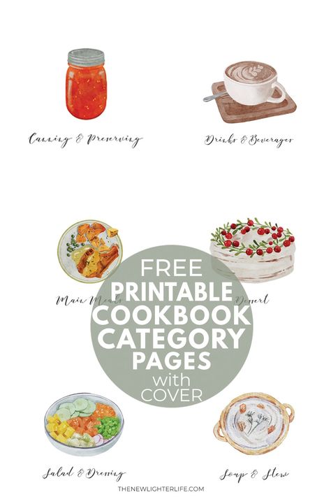 Cookbook Categories List, Recipe Dividers Free Printable, Diy Cookbook Ideas Free Printable, Cookbook Categories, Cookbook Cover Design Free Printable, Recipe Book Cover Printable, Recipe Binder Printables Free, Cookbook Diy, Cookbook Cover Design