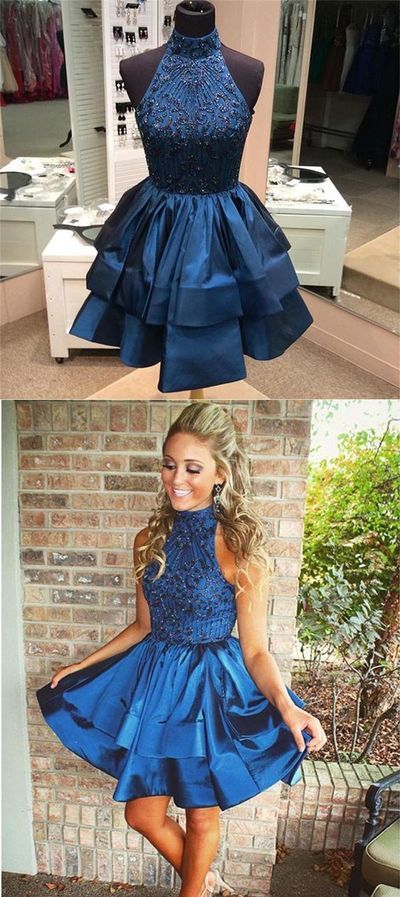 short navy blue homecoming dress, 2017 short homecoming dress, party dress, dancing dress Dark Blue Dress Short, High School Homecoming Dresses, Dark Blue Homecoming Dress, Blue Homecoming Dresses Short, Navy Blue Homecoming Dress, Blue Homecoming Dress, Backless Homecoming Dresses, Homecoming Dress Short, 2 Piece Prom Dress