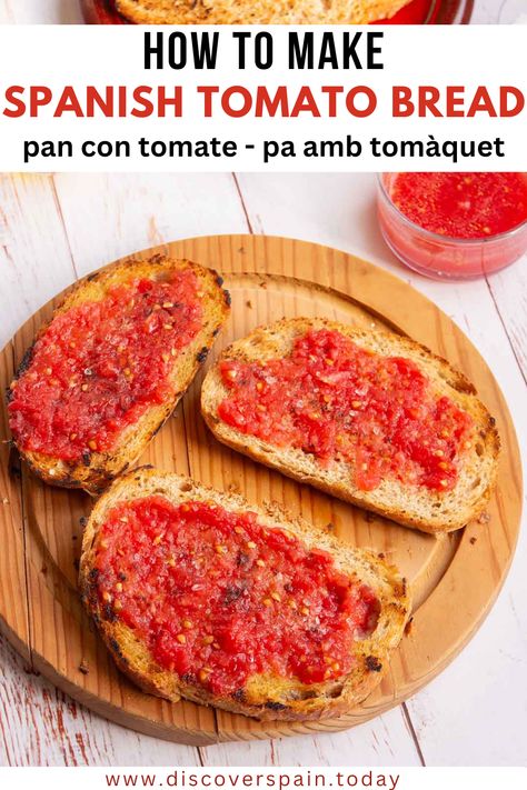 This Spanish tomato bread or pan con tomate is a humble yet flavourful Catalan dish made with simple ingredients. Lightly toasted bread is combined with fresh and juicy tomatoes, fragrant garlic, fruity olive oil and a sprinkle of sea salt. Its fresh ingredients and bold flavours make it a delicious and easy addition to any meal.
Locally known as pa amb tomàquet, pan tumaca, or pantumaca, the name translates directly to ‘bread with tomato’. Learn how to make pan con tomate. Spanish Tomato Bread, Spanish Soup, Spanish Bread, Tomato Toast, Tomato Bread, Country Bread, Tapas Dishes, Spanish Recipes, European Recipes