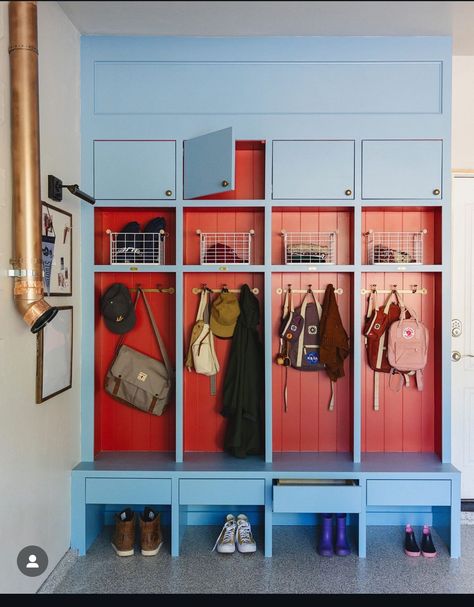 Blue Mudroom Lockers, Diy Arched Mirror, Long Hallway Entryway, Blue Mudroom, Garage Lockers, Alexandra Gater, Custom Mudroom, Open Entryway, Built In Lockers