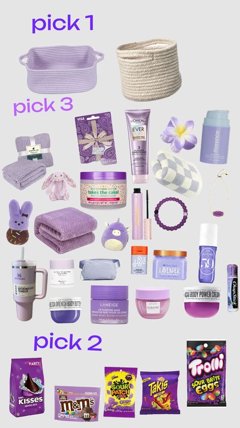 #purplegiftbasket Purple Aesthetic Gift Basket, Purple Gift Bags Ideas, All Purple Gift Basket, Periwinkle Gift Basket, Purple Burr Basket Ideas, Purple Theme Gift Basket, Color Coded Gift Baskets Ideas, Grey Gift Basket Ideas, Light Purple Gift Basket Ideas