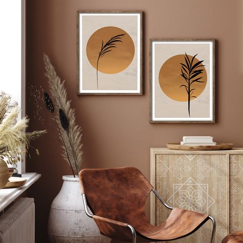 Modern Boho Wall Art Living Room, Neutral Orange Living Room, Boho Living Room Accent Wall, Painting For Brown Wall, Earthy Wall Colors, Rustic Orange Living Room, Earthy Boho Wall Art, Neutral Accent Wall Living Room, Earth Tone Bedroom Artwork