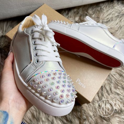 White spiked iridescent Christian Louboutin red bottom sneakers Red Bottom Sneakers, Red Bottoms Sneakers, White Louboutin, Red Louboutin, Red Bottom, Cute Makeup Looks, Red Bottoms, Cute Makeup, Buy Shoes