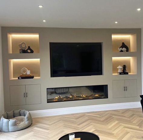 Tv And Fire Wall Ideas Modern, Grey And White Room, Luxury Living Room Inspiration, Lounge Room Styling, Tv Wall Decor Ideas, Feature Wall Living Room, Built In Shelves Living Room, Media Room Design, Living Room Wall Units