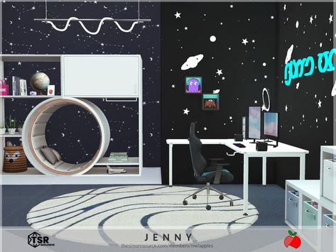 an office, space themed, perfect for kids to play and read. this item is a sims 4 room made with cc. by melapples 🍎 @ TSR Sims 4 Room, Luxe Decor, City Dog, High School Years, Sims Community, Outdoor Retreat, Space Decor, Space Theme, Electronic Art