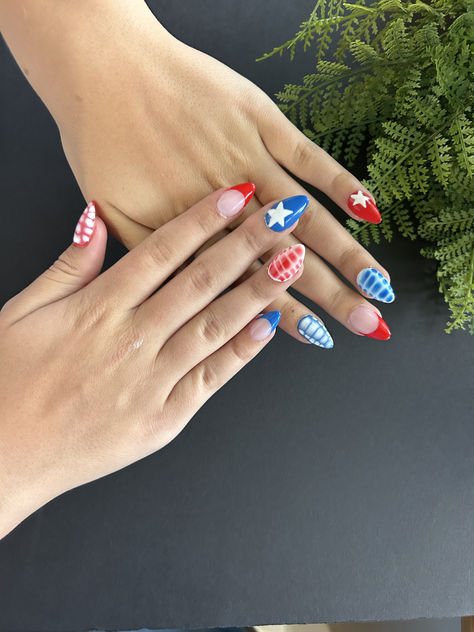 Funky Fourth Of July Nails, Blooming French Nails, Usa Nails 4th Of July, Memorial Day Nails Acrylic, Red Blue Nails, Blue And Red Nails, Red And Blue Nails, Forth Of July Nails, Fake Nails Summer