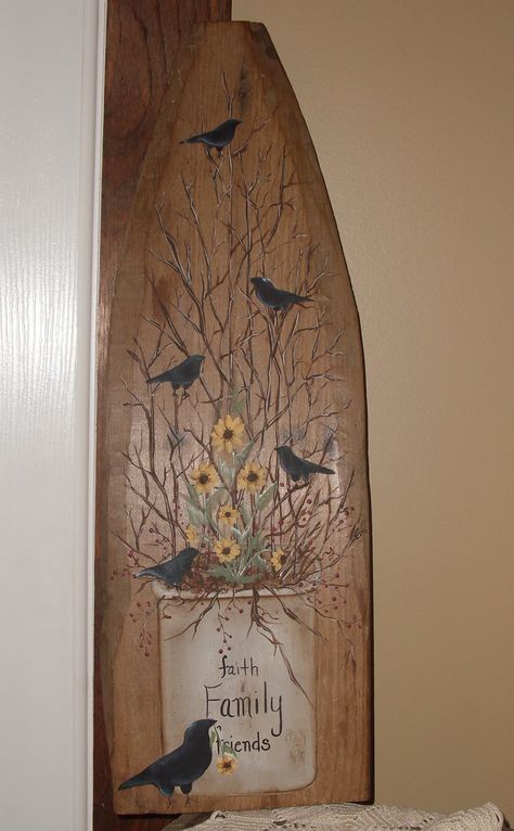 Primitive painting on old board used to stretch hyde. Welcome Ironing Board Signs, Painted Ironing Boards, Painted Ironing Board, Antique Ironing Boards, Wood Ironing Boards, Vintage Ironing Boards, Primitive Crow, Old Ironing Boards, Wooden Ironing Board