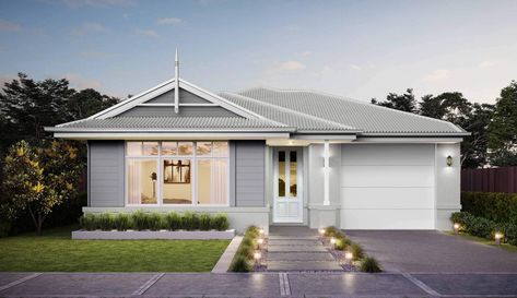 churchill-single-storey-home-design-hamptons-facade Single Storey Facade, Hampton Style Facade Single Story, Scandinavian Facade, Hamptons Single Story Homes, Hampton Facade Single Story, Hampton Facade Double Story, Hamptons Facade, Acreage Living, Single Storey House Plans