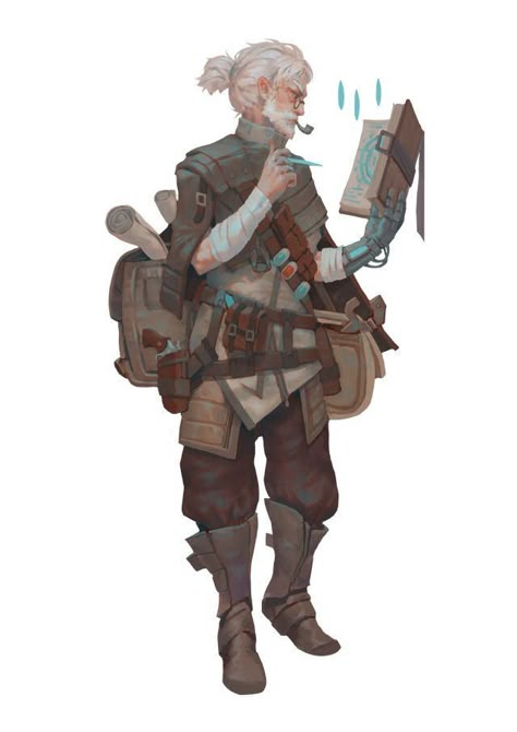 Avatar Fantasy Art, Dnd Anthropologist, Dnd Artificer Outfit, Traveller Character Art, Cartographer Character Design, Artificers Dnd, Dnd Tinkerer, Artificer Dnd Art, Dnd Traveler