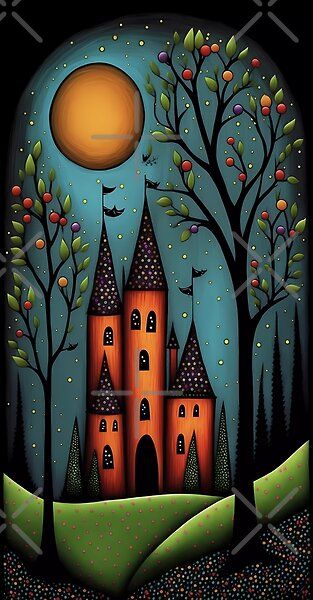 colorful whimsical castle by NahedAH | Redbubble Fairytale Painting Easy, Whimsical Castle Drawing, Whimsical Village Art, Castle Illustration Fairytale, Mystical Castle Art, Village Drawing, Whimsical Art Paintings, Stage Decorations, Phone Wallpaper Images