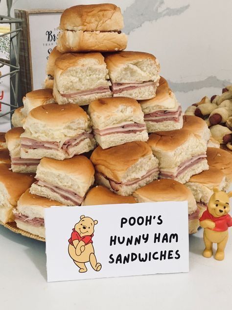 Winnie Pooh Themed Food, Winnie The Pooh Themed Food Ideas, Winnie The Pooh Party Foods, Winnie The Pooh First Birthday Food Ideas, Winnie The Pooh Sandwiches, Winnie The Pooh Menu Ideas, Winnie Pooh Food Ideas, Winnie The Pooh Baby First Birthday, Winnie The Pooh Gender Reveal Food Ideas