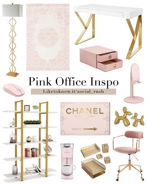 Home Office Glam, Glam Home Office Ideas, White And Gold Office, Pink Office Ideas, Pink And Gold Office, Pink Gold Office, White Gold Office, Gold Office Desk, Pink Home Offices