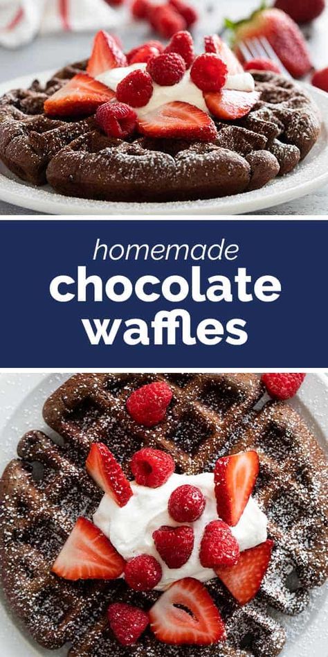 Irresistibly chocolaty and easy to make, these Chocolate Waffles filled with goodness and fluffy perfection. Perfect for the ultimate breakfast or even dessert - this is a great way to elevate your waffle game. Waffle Recipe For 2, Chocolate Waffle Recipe, Mini Waffle Recipe, Waffles Chocolate, Recipe For 2, Chocolate Waffles, Breakfast Recipes Sweet, Baked Oatmeal Recipes, Ultimate Breakfast