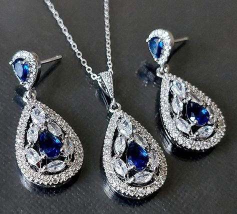 Navy Blue Jewelry, Blue Wedding Jewelry, Wedding Navy, Silver Bridal Earrings, Bridal Pendant, Crystal Wedding Jewelry, Wedding Blue, Crystal Jewelry Sets, Necklace Bridal