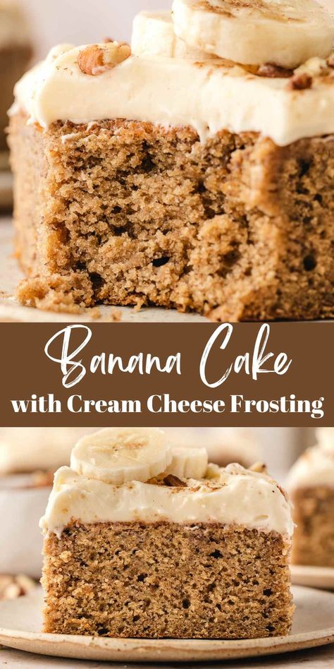 Banana cake with cream cheese frosting is a moist, one-bowl cake. This easy cake recipe is great way to use up ripe bananas! Banana Bread Cake With Cream, Cake With Cream Cheese Icing, Icing For Banana Cake, Banana Bread With Cream Cheese Frosting, Easy Banana Cake Recipe, Banana Cake Recipe With Buttermilk, Banana Cake Cream Cheese Frosting, Banana Cake Recipe Moist, Banana Cake With Cream Cheese Frosting Easy