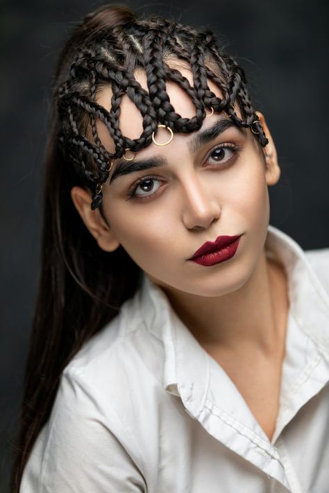 Pin by Irma Diaz  - Woman with Artistic Braids Hairstyle Hair Styles For Black Hair, Crazy Hair Styles, Styles For Black Hair, Braids With Bangs, Bangs Styling, Half Cornrows, Crown Braid Updo, Puffy Hair, Dramatic Hair