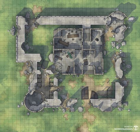 Despite a successful build, it wasn't long before the men of the keep began to complain of suspicious happenings and ethereal disturbances. As the minor war sputtered to a stalemate, the keep was eventually abandoned, for people became convinced that it could not be rehabilitated given the obvious curse or ghost that it was afflicted with. #battlemap #free #ruins #keep #dnd #dungeonsanddragons #pathfinder #dungeon #ttprg Dnd World Map, Map Making, Fantasy Town, Fantasy World Map, Tabletop Rpg Maps, Dnd Maps, Rpg Maps, Rpg Map, Dungeon Maps