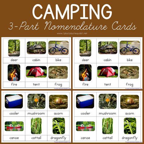 Camping Nomenclature Printables ~ Free Montessori 3 Part Cards #1plus1plus1 #montessori #nomenclature #homeschool #homeschooling #camping Free Montessori Printables, Montessori Printables Free, Preschool Camping Activities, Camping Theme Preschool, Print Awareness, Montessori Printables, Montessori Lessons, Elementary Learning, Montessori Toddler Activities