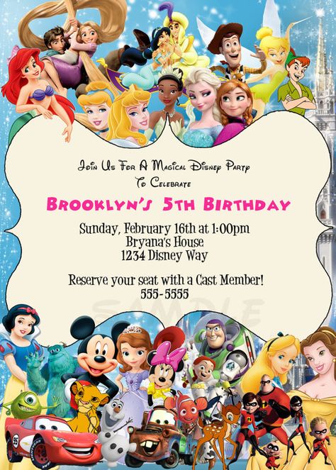 Disney Characters birthday party custom by PrintableDigiDesigns, $15.99 Free Frozen Invitations, Frozen Invitations, Disneyland Birthday, Disney Birthday Party, Disney Theme Party, Disney Invitations, Party Invitations Kids, Disney Birthday, Disney Party