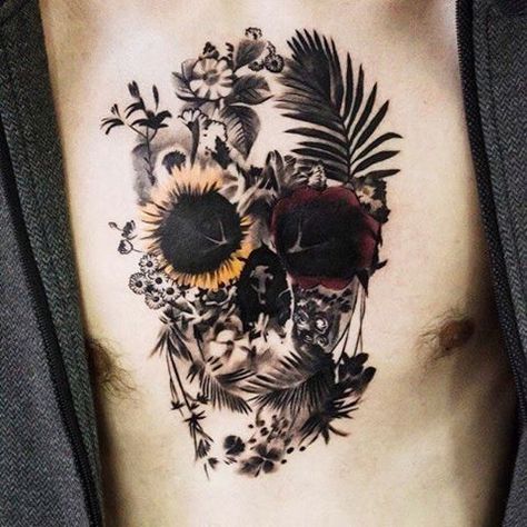 Best Cover Up Tattoos For Women Back, Skull Flower Tattoo Color, Skull Flower Bouquet Tattoo, Poppy Skull Tattoo, Cover Up Tattoos Collar Bone, Flower And Space Tattoo, Skull And Sunflower Tattoo, Radiation Tattoo, Floral Skull Tattoos