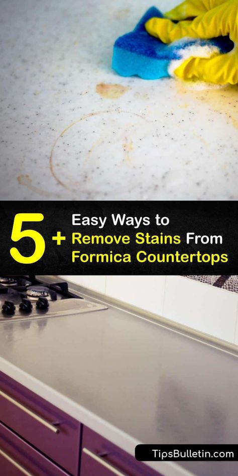 Hard water stains, turmeric stains, or tea stain marks make your laminate countertops look untidy and unsanitary. Clean a Formica countertop without causing damage to the finish using a Magic Eraser, baking soda, dish soap, hydrogen peroxide, and more. #remove #stains #formica #countertops Cleaning Formica Countertops, White Laminate Countertops, Formica Countertop, Baking Soda Hydrogen Peroxide, Coffee Stain Removal, Remove Rust Stains, Remove Water Stains, Diy Household Cleaners, Clean Countertops