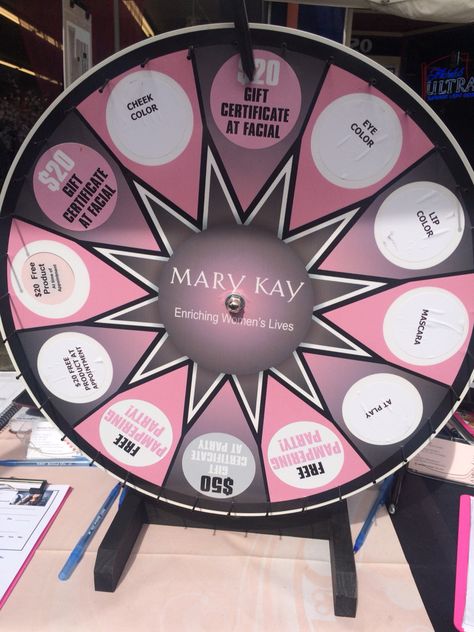 Prize wheel Mary Kay Prize Wheel, Spin The Wheel Small Business, Mary Kay Table Display Vendor Events, Prize Wheel Ideas, Mary Kay Party Games, Lipsense Game, Mary Kay Display, Mary Kay Office, Art Fair Display